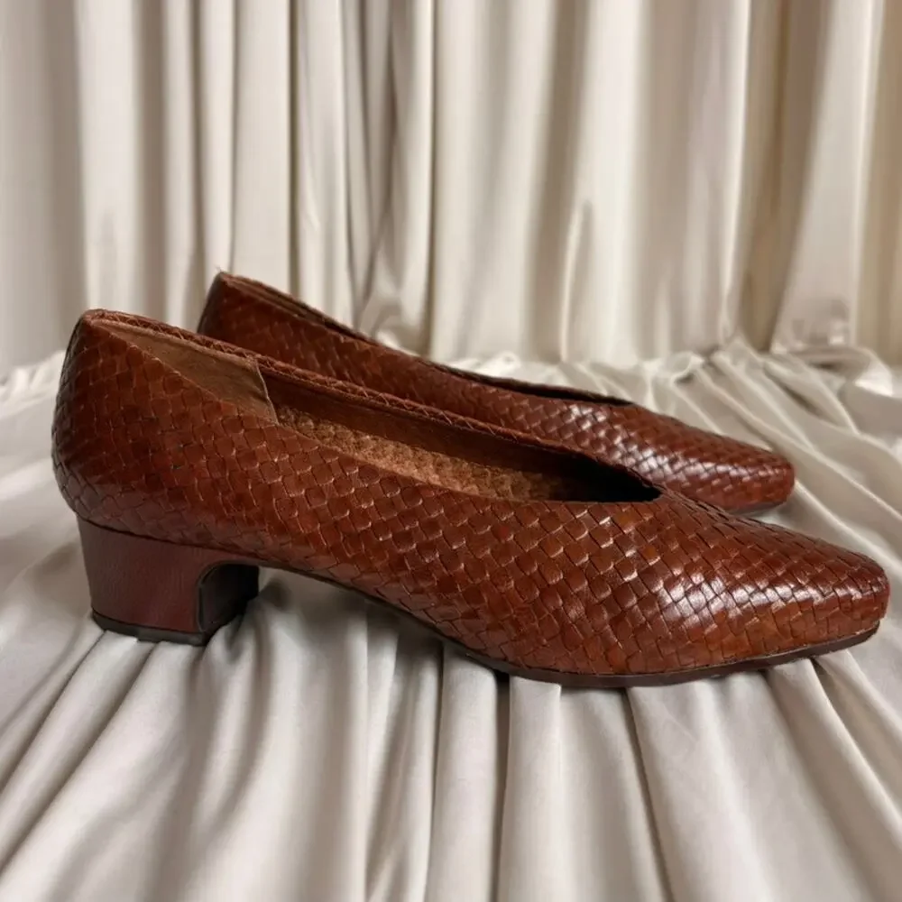 Enzo Angiolini Cognac Woven Leather Pumps - Almond Toe, Size 7.5